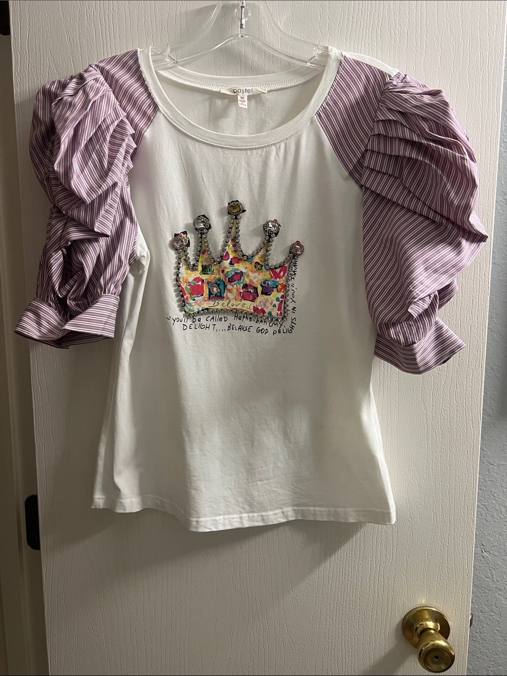 Pastels White Tee with Lavender Striped Puff Sleeves and Crown Graphic